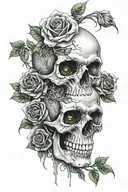 cool skull with roses and green eyes where the skulls open eye spots are and some dark clouds in black and white tattoo design idea