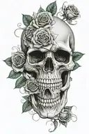 cool skull with roses and green eyes where the skulls open eye spots are and some dark clouds in black and white tattoo design idea