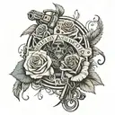 sons of anarchy symbol with roses growing around and also with guns  tattoo design idea