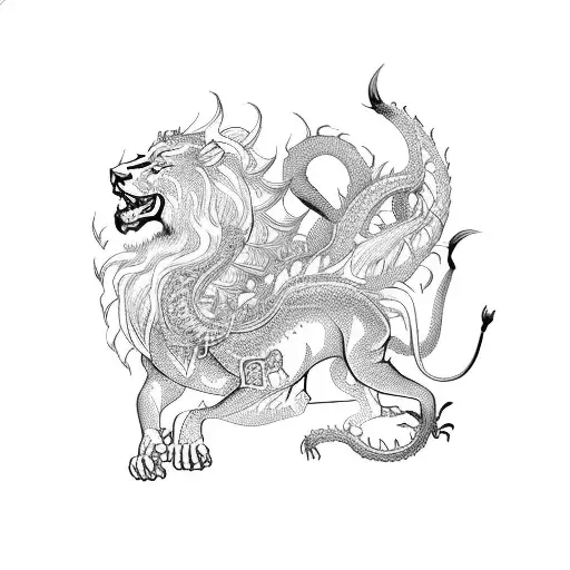 An intricate design of a lion and a dragon engaged in combat tattoo design idea