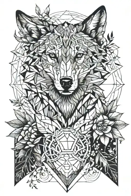 A geometric wolf design surrounded by intricate botanical elements representing nature and family tattoo design idea