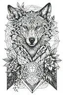 A geometric wolf design surrounded by intricate botanical elements representing nature and family tattoo design idea