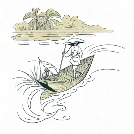 vietnam boat with woman floating away between ricefields tattoo design idea