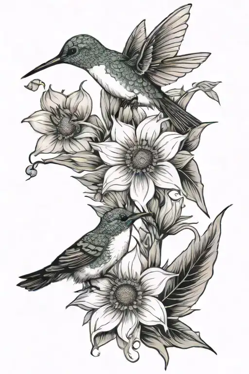 lily sunflower hummingbird perched tattoo design idea