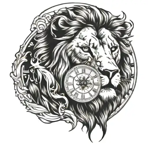 Clock and lion tattoo design idea