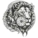 Clock and lion tattoo design idea