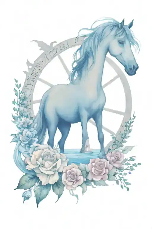 lighthouse + tower in a field of roses + ship wheel + carousel horse + ocean waves +sandy beach + sunset tattoo design idea