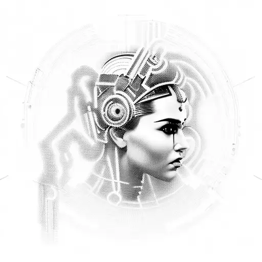 A futuristic cyberpunk scene featuring a tech-savvy queen inspired by Sunny Leone, surrounded by intricate circuit patterns and neon lights tattoo design idea