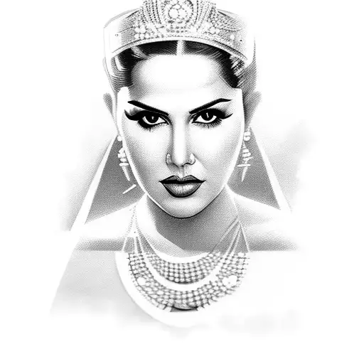 A portrait of Queen Sunny Leone in a vintage film noir style, with dramatic lighting and shadows reminiscent of old Hollywood glamour tattoo design idea