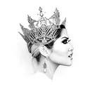 a side view of sunny Leone with a throne on head like a queen with text showing queen sunny leone  tattoo design idea