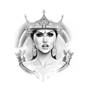 a side view of sunny Leone with a throne on head like a queen with text showing queen sunny leone  tattoo design idea