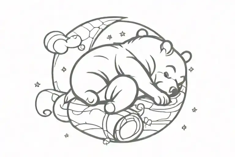 Winnie the Pooh laying on his honey pot looking up at the moon tattoo design idea