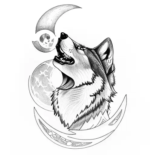 A sketch-style tattoo of a wolf howling at the moon, with anxiety-related symbols incorporated in the background tattoo design idea