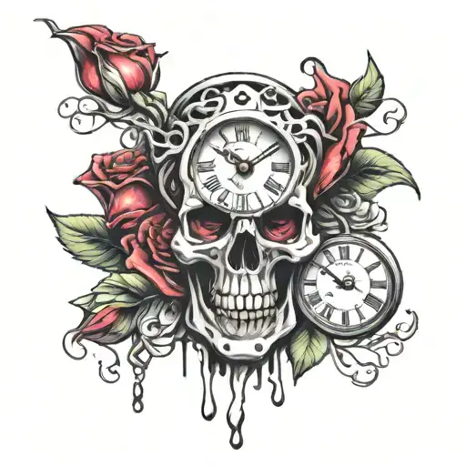 skull rose clock melting tattoo design idea