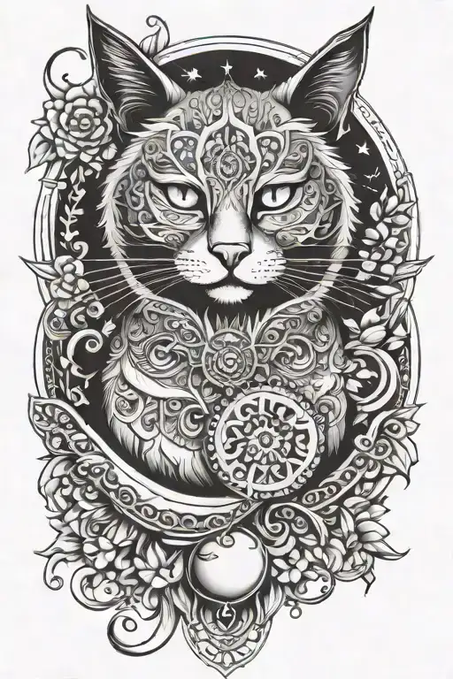 Moon, cat, mandala design incorporating elements tattoo design idea