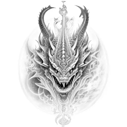 An intricate black-grey tattoo of a dragon made up of various mechanical tools tattoo design idea