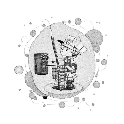 A dotwork tattoo of a mechanic surrounded by manga-style tools floating in the air tattoo design idea