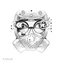 A dotwork tattoo of a mechanic surrounded by manga-style tools floating in the air tattoo design idea