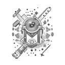 A dotwork tattoo of a mechanic surrounded by manga-style tools floating in the air tattoo design idea