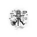 A dotwork tattoo of a mechanic surrounded by manga-style tools floating in the air tattoo design idea