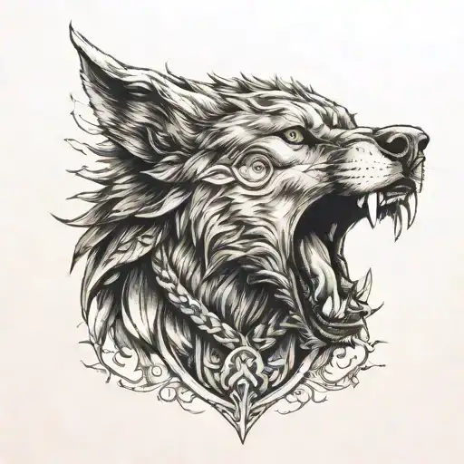 Norse god Tyr with hand in wolf's mouth open tattoo design idea