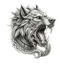 Norse god Tyr with hand in wolf's mouth open tattoo design idea