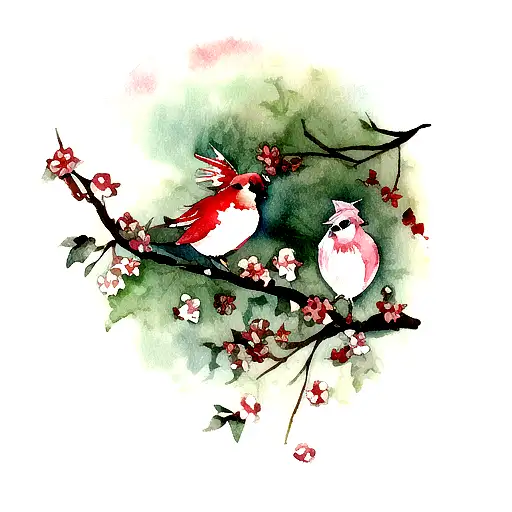 a tattoo of two watercolor cardinals sitting on a branch tattoo design idea