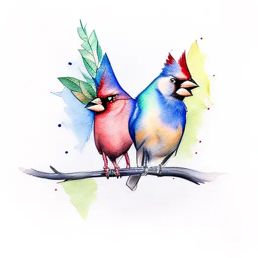 a tattoo of two watercolor cardinals sitting on a branch tattoo design idea