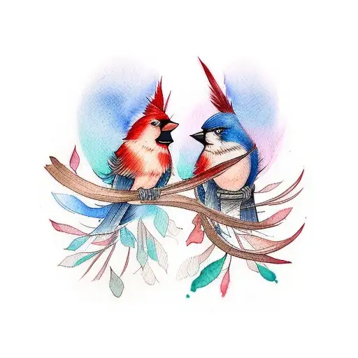 a tattoo of two watercolor cardinals sitting on a branch tattoo design idea