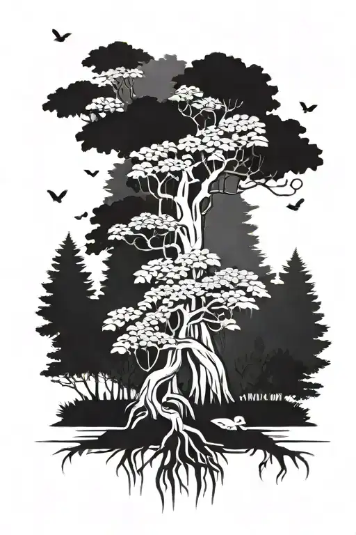 A money tree growing in a peaceful forest setting, symbolizing prosperity and tranquility tattoo design idea