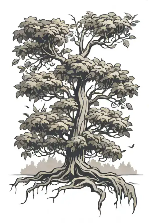 A money tree growing in a peaceful forest setting, symbolizing prosperity and tranquility tattoo design idea