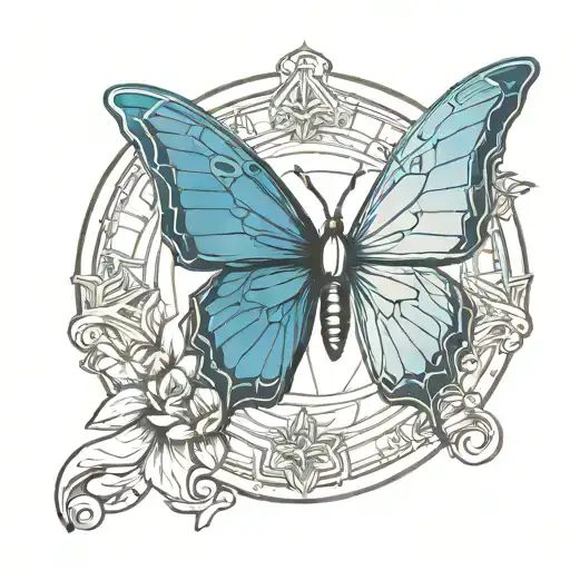 Medal with a blue butterfly inside. The design has a Roman style tattoo design idea