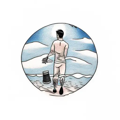 A minimalist tattoo of a person walking on a beach with the sun and clouds in the background tattoo design idea