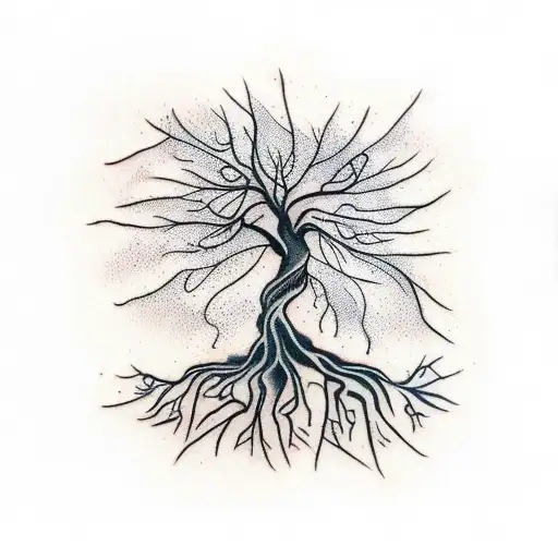 A skeletal tree with roots shaped like neurons tattoo design idea