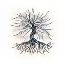 A skeletal tree with roots shaped like neurons tattoo design idea