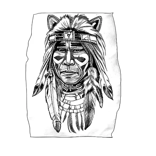 a native american man with a wolf head tattoo design idea