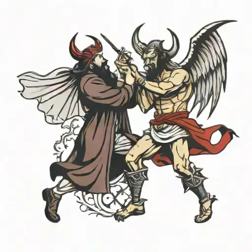 oh Jesus and the devil having a fight   tattoo design idea