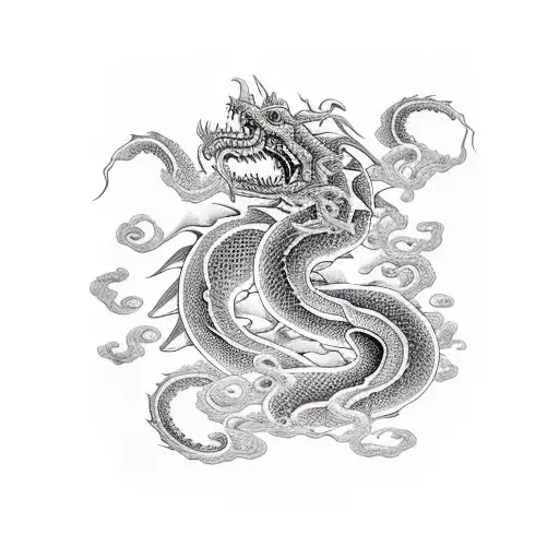 A powerful black and gray dragon slithers upwards on the inside of the forearm.  The dragon has a long, undulating body  tattoo design idea