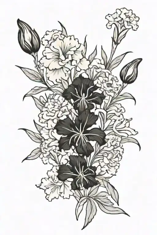 carnation, iris, honeysuckle flowers tattoo design idea