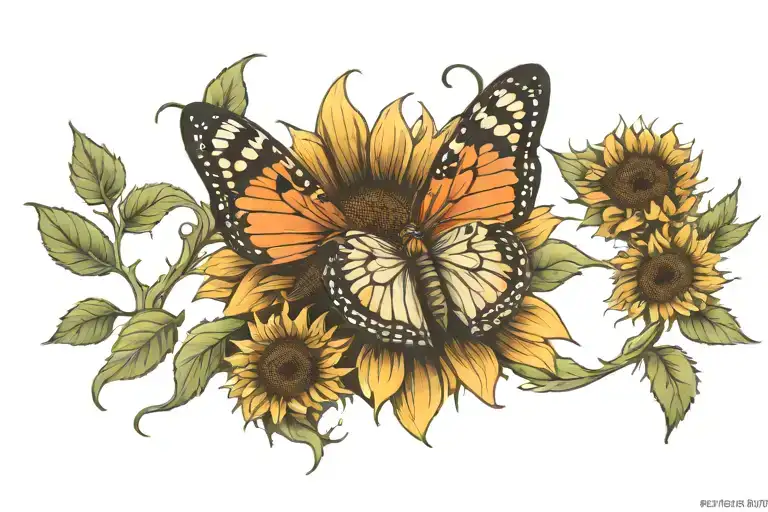 metamorphosis of a butterfly resting on a sunflower tattoo design idea