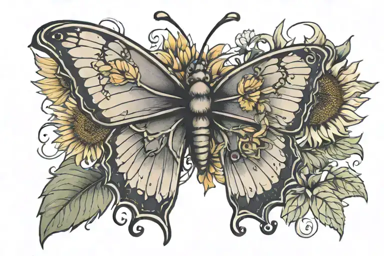 metamorphosis of a butterfly on top of a sunflower tattoo design idea