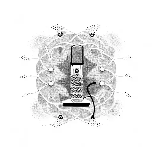 A dotwork tattoo of a microphone intertwined with musical notes and computer code symbols tattoo design idea