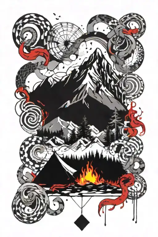 snowy mountains, dense forest, tent, bonfire with fire and snakes tattoo design idea
