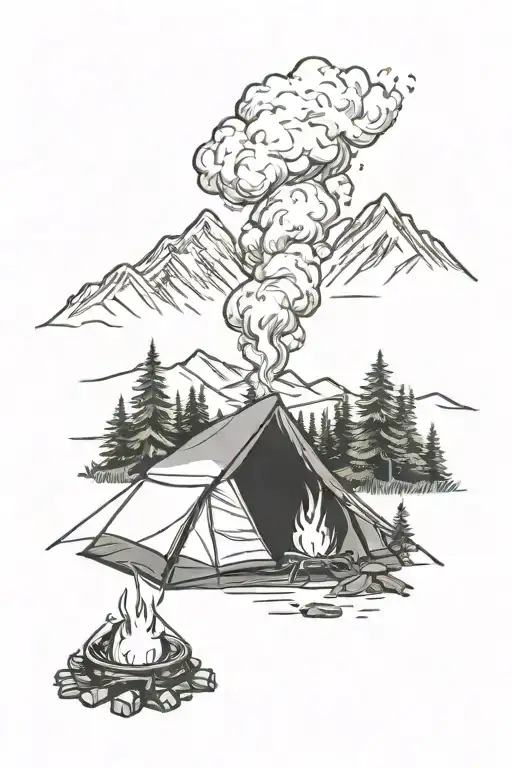 snowy mountains, dense green forest, tent, campfire with bright fire tattoo design idea