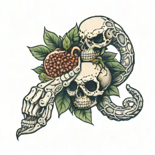 skeleton hand holding pomegranate with snake wrapped around the pomegranate tattoo design idea