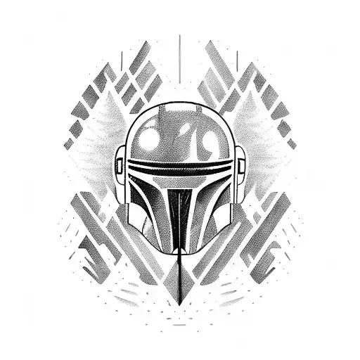 A mandalorian helmet surrounded by a forest landscape with mushrooms and bats flying around tattoo design idea