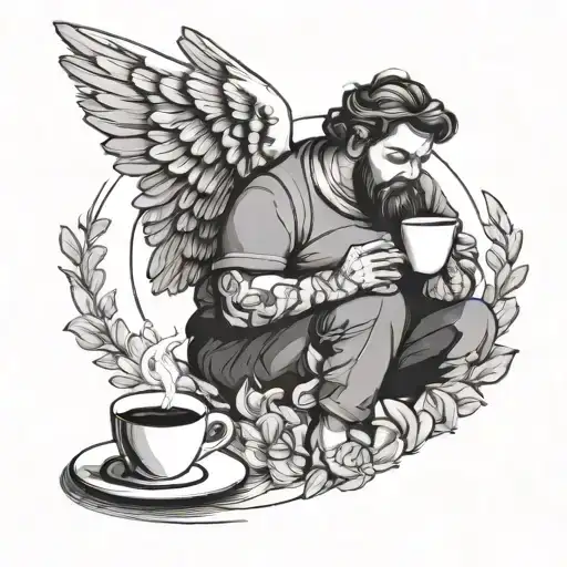 fat angel have a overthinking and hold a coffee  tattoo design idea