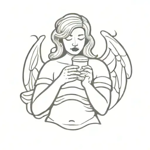 fat angel have a overthinking and hold a coffee  tattoo design idea