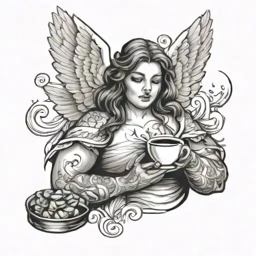 fat angel have a overthinking and hold a coffee  tattoo design idea