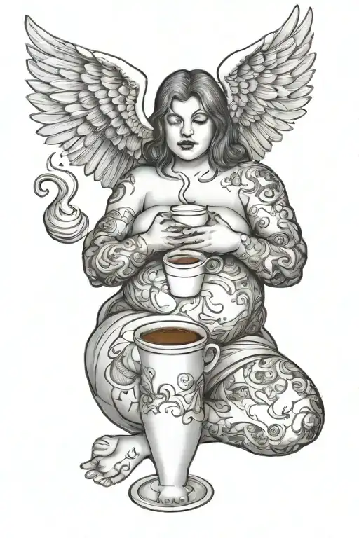 fat angel have a overthinking and hold a coffee  tattoo design idea
